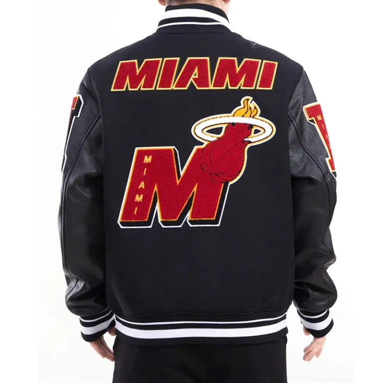 Miami Heat Mashup Logo Varsity Black Wool & Genuine Leather Sleeves Men's Jacket