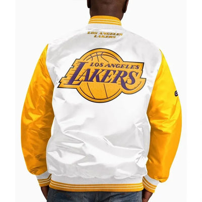 Los Angeles Lakers Full-Snap Varsity White & Yellow Satin Men's Bomber Jacket