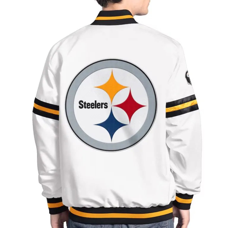 Pittsburgh Steelers Scout Full-Snap Varsity White Satin Men's Bomber Jacket