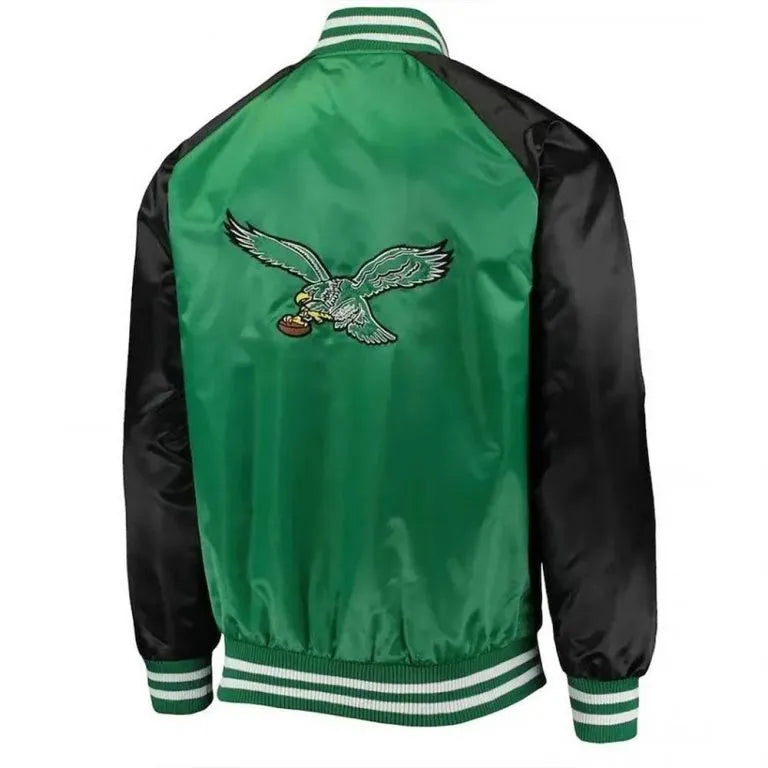 Philadelphia Eagles Lead Off Full-Snap Varsity Green and Black Satin Men's Bomber Jacket