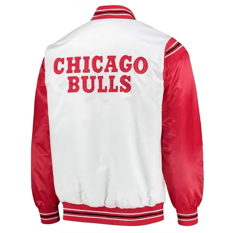 Chicago Bulls Renegade Full-Snap Varsity White/Red Satin Men's Bomber Jacket