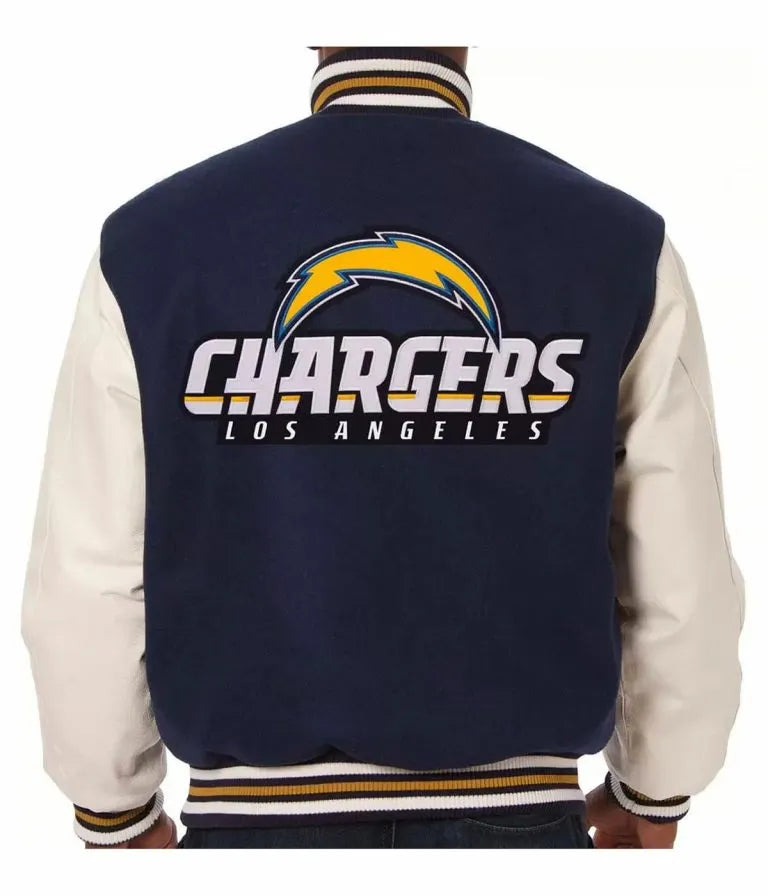 Los Angeles Chargers Navy Blue Wool and White Genuine Leather Sleeves Men's Varsity Letterman Jacket