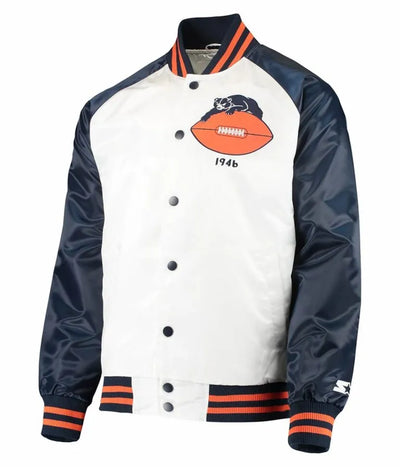 Chicago Bears Clean Up Throwback Full-Snap Varsity Navy Blue and White Satin Men's Bomber Jacket