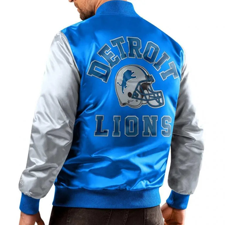 Detroit Lions Full-Snap Varsity Blue and Gray Satin Men's Bomber Jacket