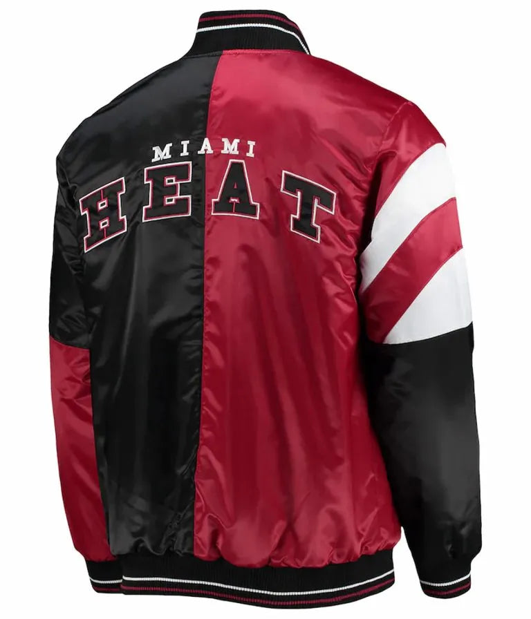 75th Anniversary Miami Heat Leader Full-Snap Varsity Red and Black Satin Men's Bomber Jacket