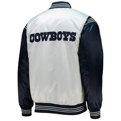 Dallas Cowboys Renegade Throwback Full-Snap Varsity White/Navy Satin Men's Bomber Jacket