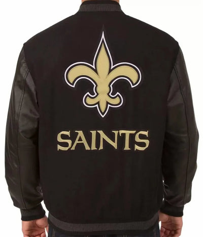New Orleans Saints Black Wool & Genuine Leather Sleeves Men's Varsity Letterman Jacket