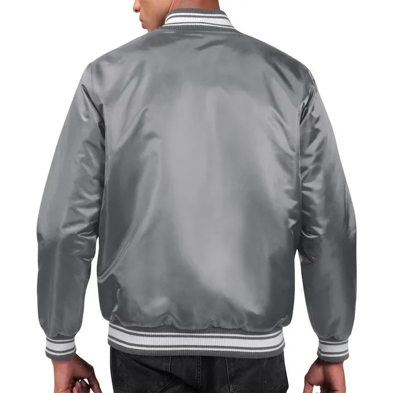 Tampa Bay Buccaneers Locker Room Full-Snap Varsity Gray Satin Men's Bomber Jacket