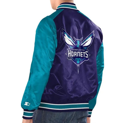 Charlotte Hornets Renegade Full-Snap Varsity Purple/Teal Satin Men's Bomber Jacket
