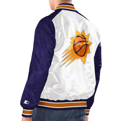 Phoenix Suns Renegade Full-Snap Varsity White and Purple Satin Men's Bomber Jacket