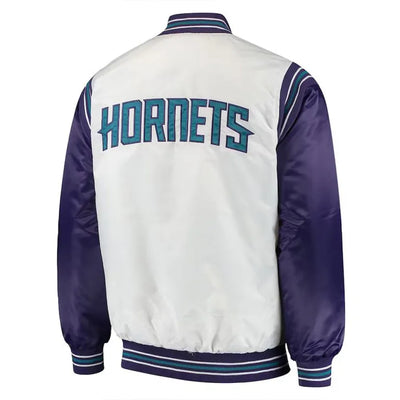 Charlotte Hornets The Enforcer Full-Snap Varsity Navy Blue and White Satin Men's Bomber Jacket