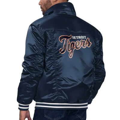 Detroit Tigers Silver Tab Trucker Full-Snap Navy Blue Satin Men's Jacket