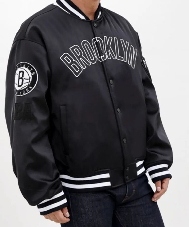 Brooklyn Nets Full-Snap Varsity Black Satin Men's Bomber Jacket