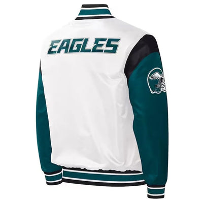 Philadelphia Eagles Throwback Warm Up Pitch Full-Snap Varsity Satin Men's Bomber Jacket