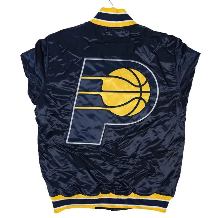 Indiana Pacers Home Game Full-Snap Varsity Navy Blue Satin Men's Bomber Jacket