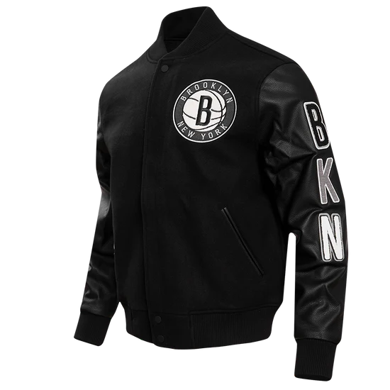 Brooklyn Nets NBA Black Wool & Genuine Leather Sleeves Men's Varsity Letterman Jacket