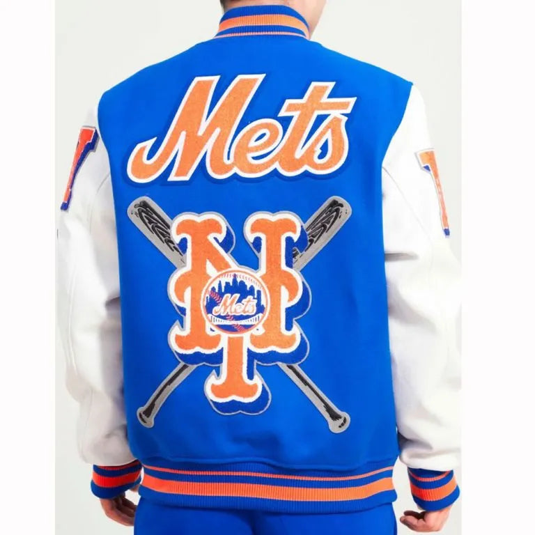 New York Mets Mash Up Full-Zip Varsity Blue/White Wool/Leather Men's Jacket