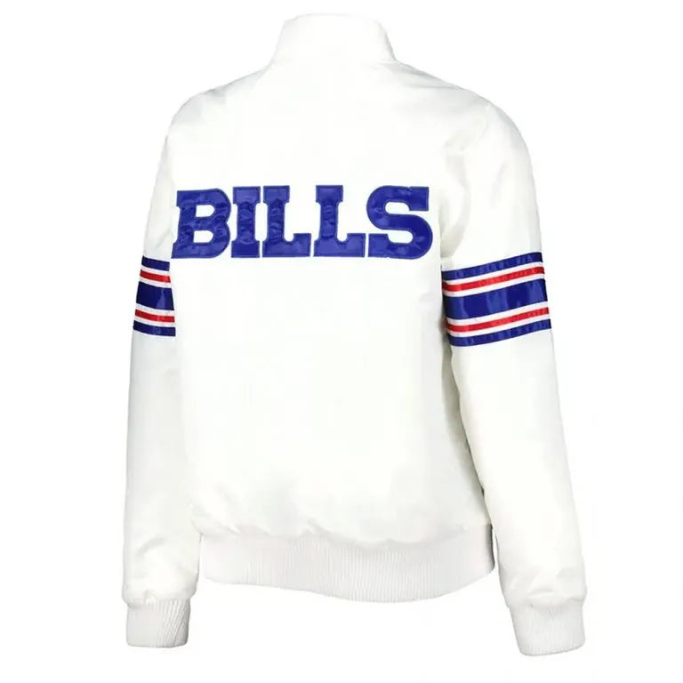 Buffalo Bills Line Up Full-Snap Varsity White Satin Men's Bomber Jacket