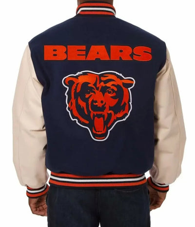 Chicago Bears Navy Blue Wool & Beige Genuine Leather Sleeves Men's Varsity Jacket