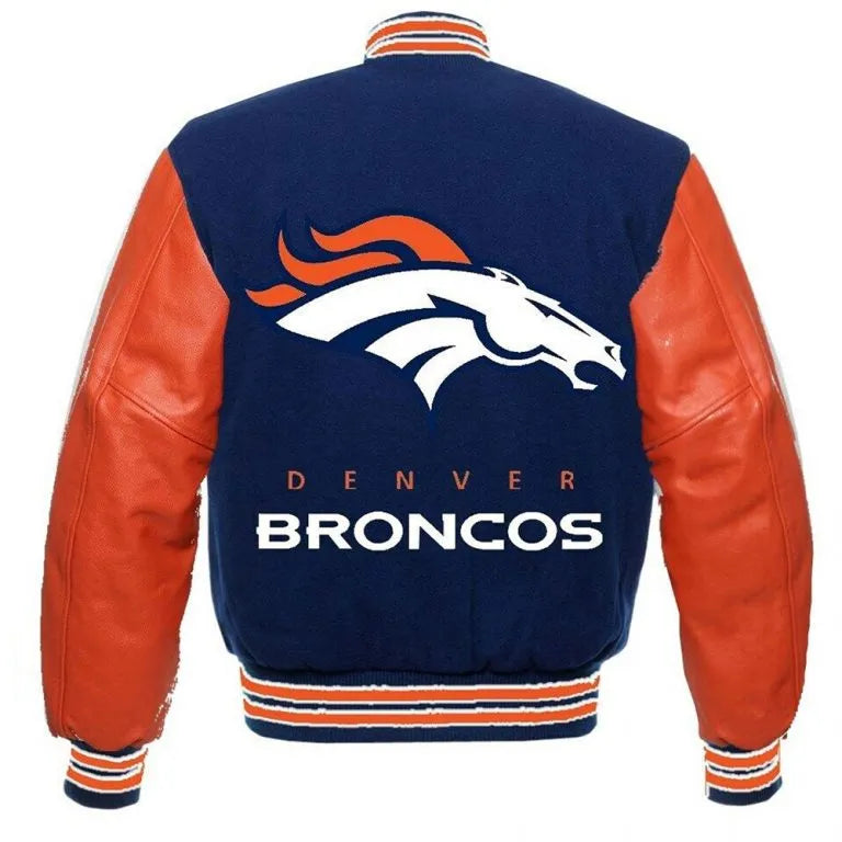 Denver Broncos Blue Wool & Orange Genuine Leather Sleeves Men's Varsity Jacket