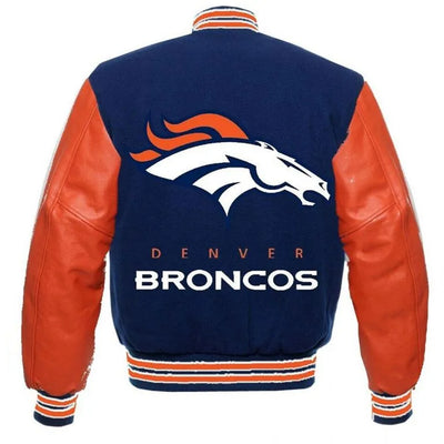 Denver Broncos Blue Wool & Orange Genuine Leather Sleeves Men's Varsity Jacket