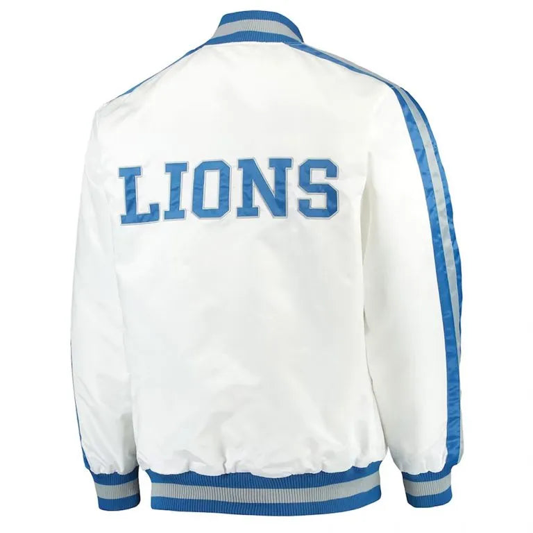 Detroit Lions Striped Throwback D-Line Full-Snap Varsity White Satin Men's Bomber Jacket