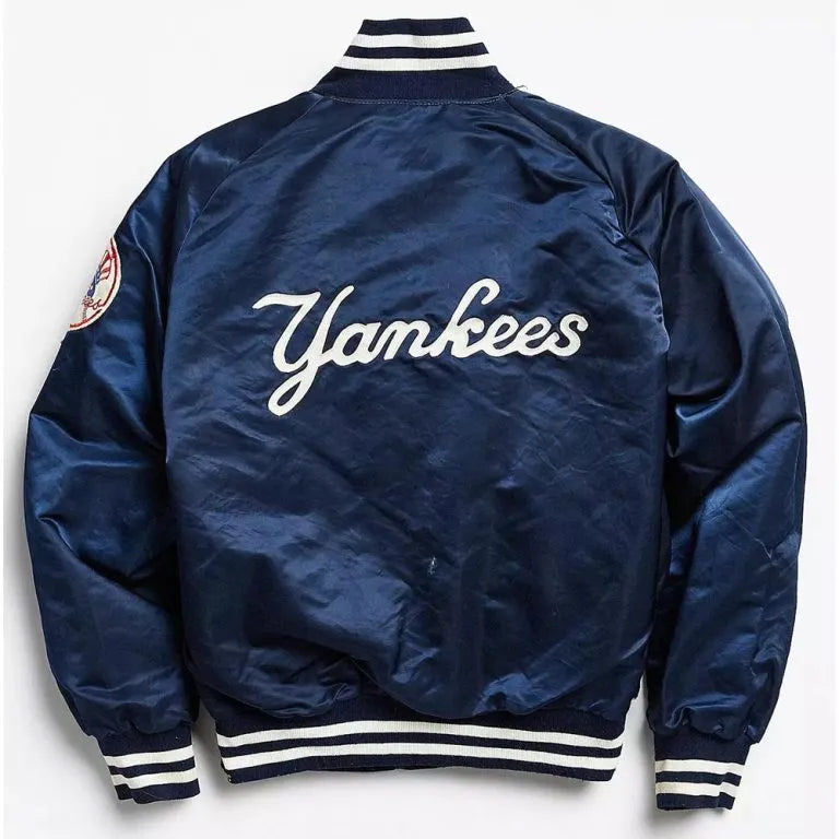 90s New York Yankees Blue Satin Bomber Men's Jacket