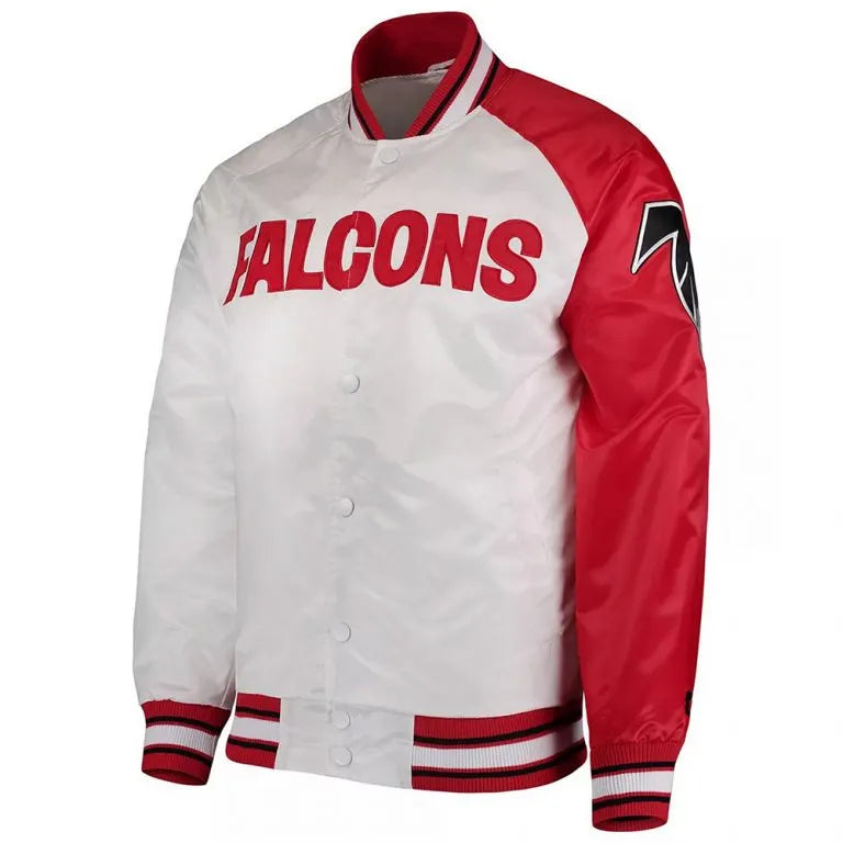 Atlanta Falcons Start of Season Retro Full-Snap Varsity Red and White Satin Men's Bomber Jacket