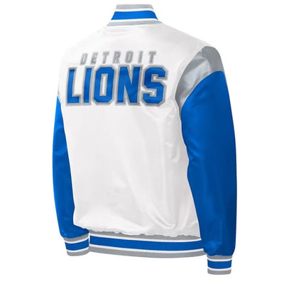 Detroit Lions Throwback Warm Up Pitch Full-Snap Varsity Blue & White Satin Men's Bomber Jacket