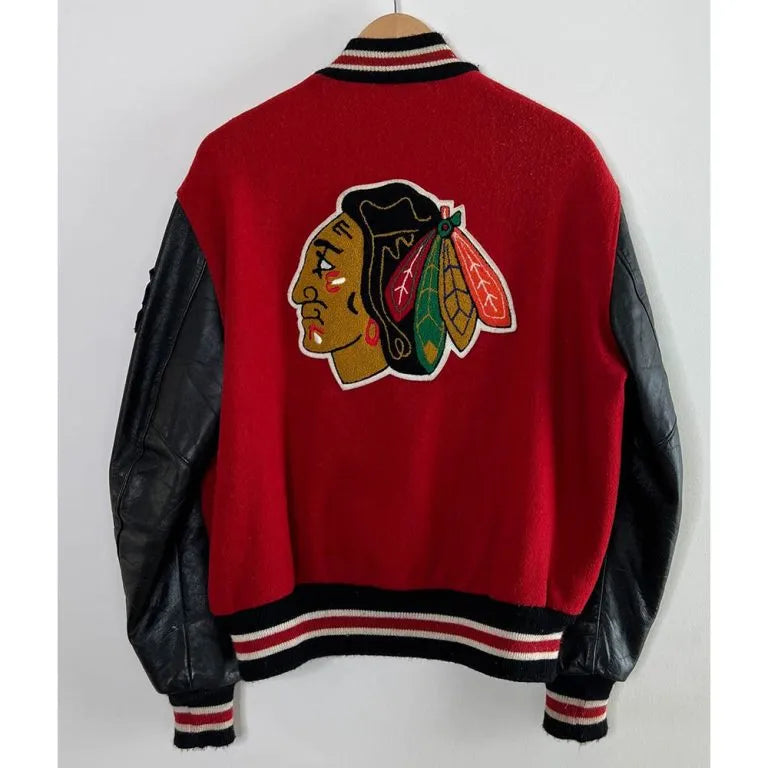 Chicago Blackhawks Campbell Red Wool & Black Genuine Leather Sleeves Men's Letterman Varsity Jacket