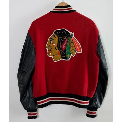 Chicago Blackhawks Campbell Red Wool & Black Genuine Leather Sleeves Men's Letterman Varsity Jacket