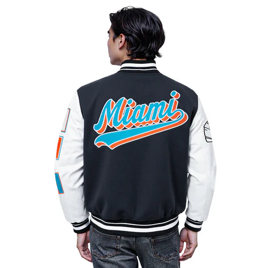 Miami Dolphins Script Tail Black Wool and White Genuine Leather Sleeves Men's Varsity Letterman Jacket