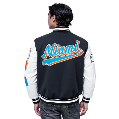 Miami Dolphins Script Tail Black Wool and White Genuine Leather Sleeves Men's Varsity Letterman Jacket