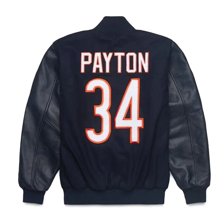 Chicago Bears Walter Payton Navy Blue Wool & Genuine Leather Sleeves Men's Varsity Jacket