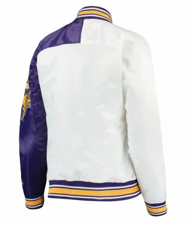 Minnesota Vikings Full-Snap Varsity White and Purple Satin Men's Bomber Jacket