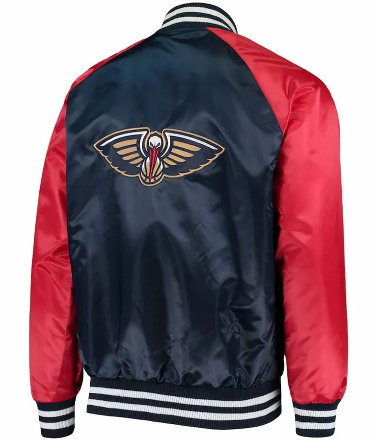 New Orleans Pelicans Full-Snap Varsity Red and Navy Blue Satin Men's Bomber Jacket