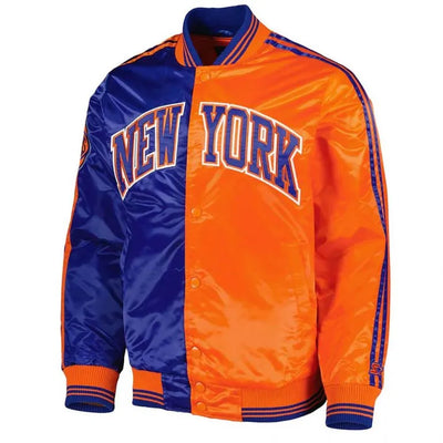 New York Knick Fast Break Full-Snap Varsity Blue/Orange Satin Men's Bomber Jacket