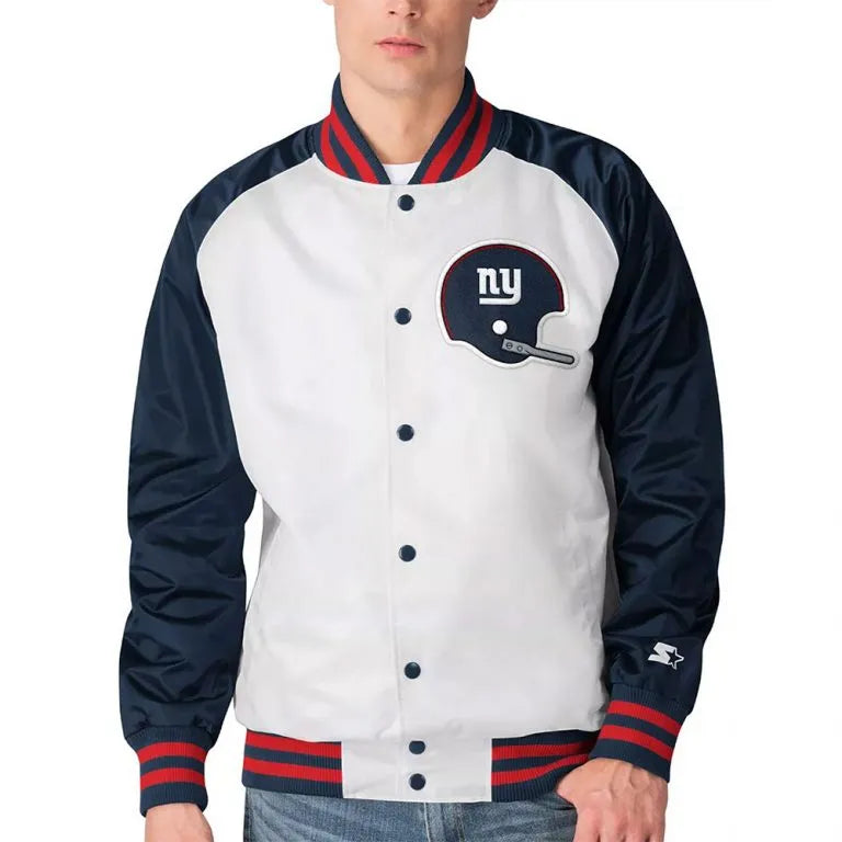 New York Giants Clean Up Throwback Full-Snap Varsity Navy Blue & White Satin Men's Bomber Jacket