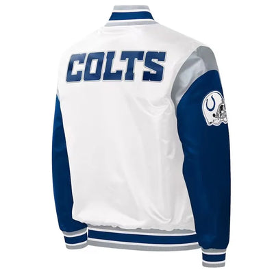 Indianapolis Colts Throwback Warm Up Pitch Full-Snap Varsity White and Blue Satin Men's Bomber Jacket