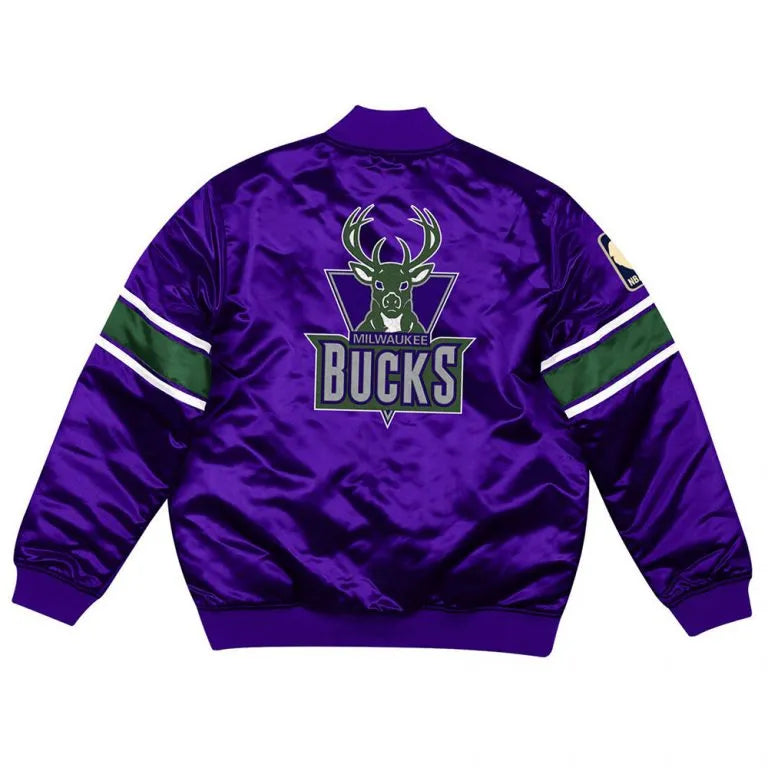 Milwaukee Bucks Heavyweight Full-Zip Varsity Purple Satin Men's Bomber Jacket