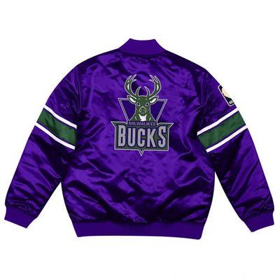 Milwaukee Bucks Heavyweight Full-Zip Varsity Purple Satin Men's Bomber Jacket