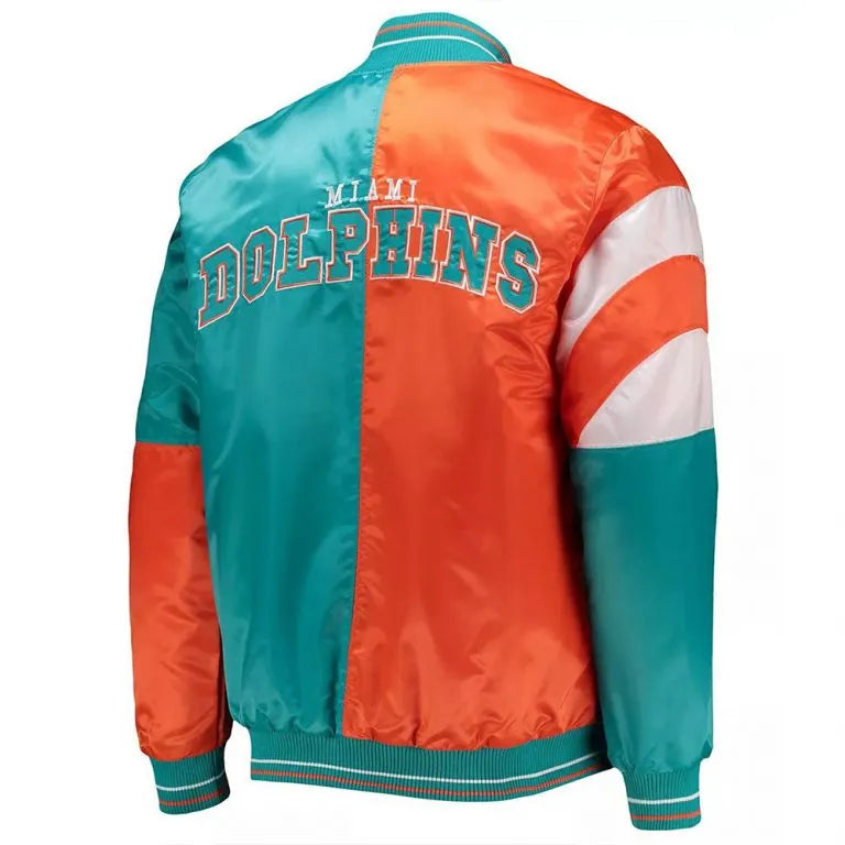 Miami Dolphins Leader Full-Snap Varsity Aqua and Orange Satin Men's Bomber Jacket