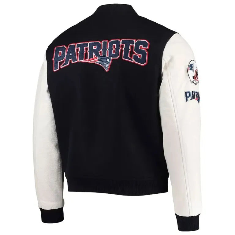 New England Patriots Logo Black Wool and White Genuine Leather Sleeves Men's Varsity Letterman Jacket
