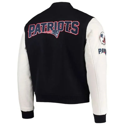 New England Patriots Logo Black Wool and White Genuine Leather Sleeves Men's Varsity Letterman Jacket