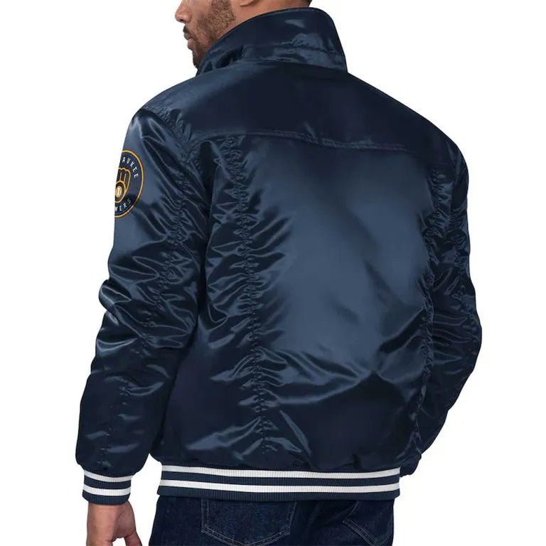 Milwaukee Brewers Silver Tab Trucker Full-Snap Navy Blue Satin Men's Jacket