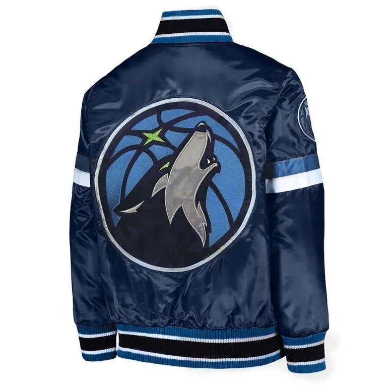 Minnesota Timberwolves Youth Home Game Full-Snap Varsity Navy Blue Satin Men's Bomber Jacket
