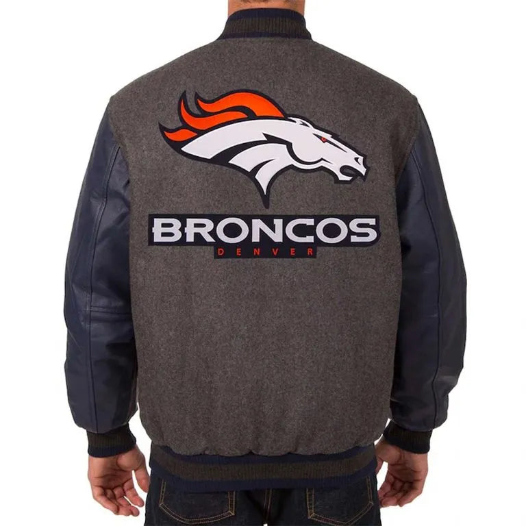 Denver Broncos Charcoal Wool & Navy Blue Genuine Leather Sleeves Men's Varsity Jacket