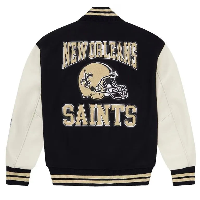 OVO New Orleans Saints Logo Mash Up Black Wool & White Genuine Leather Sleeves Men's Varsity Letterman Jacket