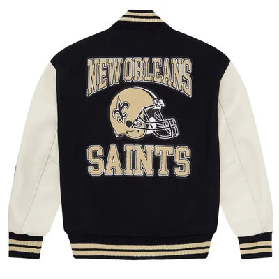 OVO New Orleans Saints Logo Mash Up Black Wool & White Genuine Leather Sleeves Men's Varsity Letterman Jacket