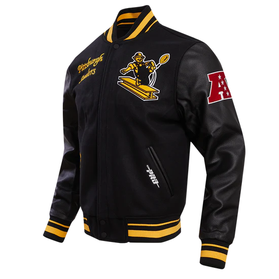 Pittsburgh Steelers Retro Classic Black Wool & Genuine Leather Sleeves Men's Varsity Letterman Jacket